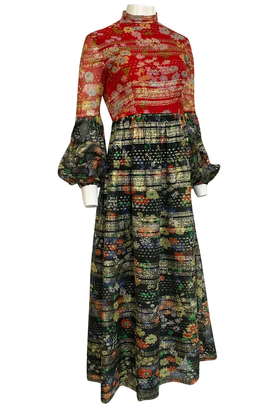 1960s Mollie Parnis Metallic Gold, Red & Black Floral Print Silk Dress