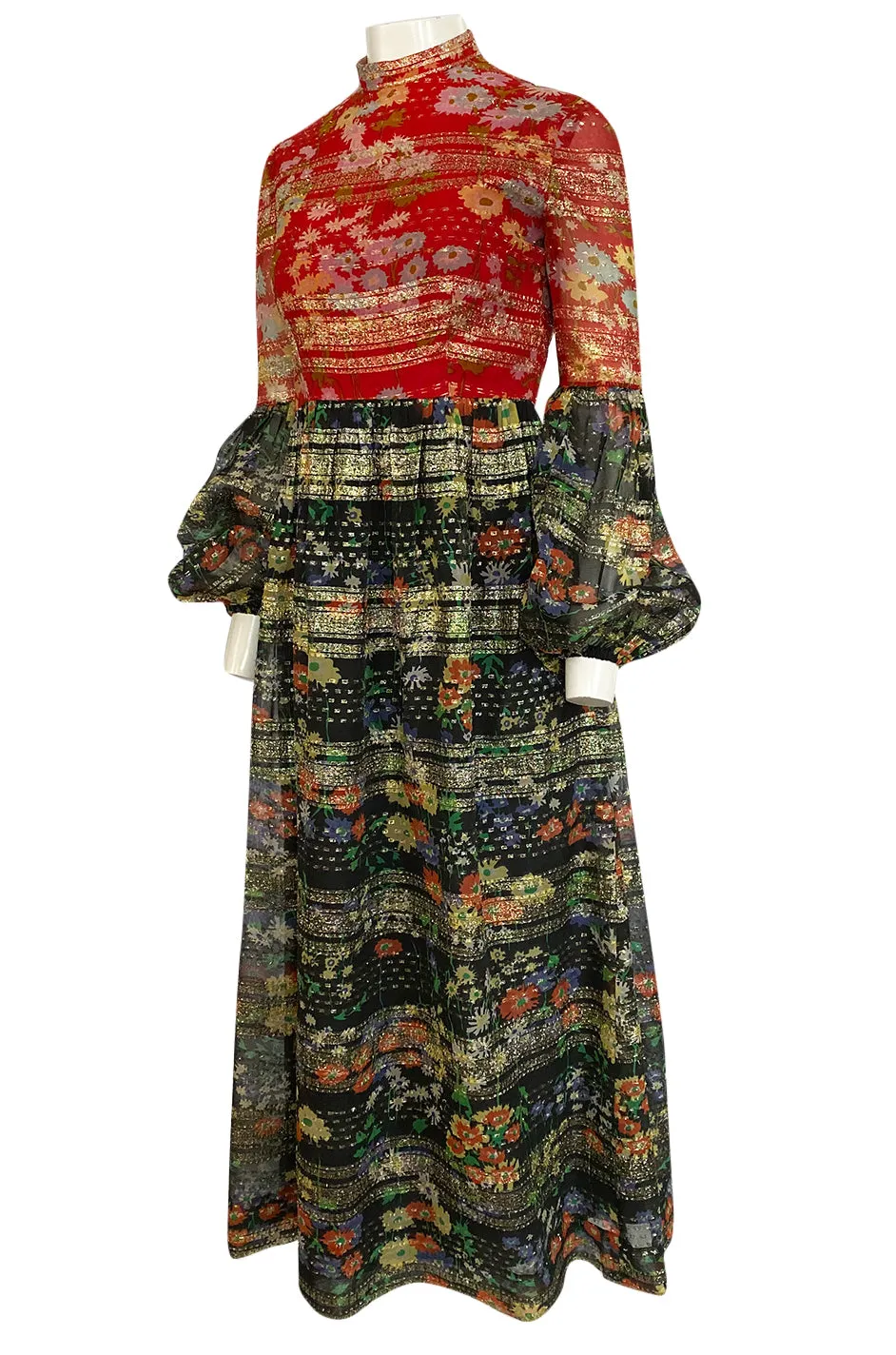 1960s Mollie Parnis Metallic Gold, Red & Black Floral Print Silk Dress