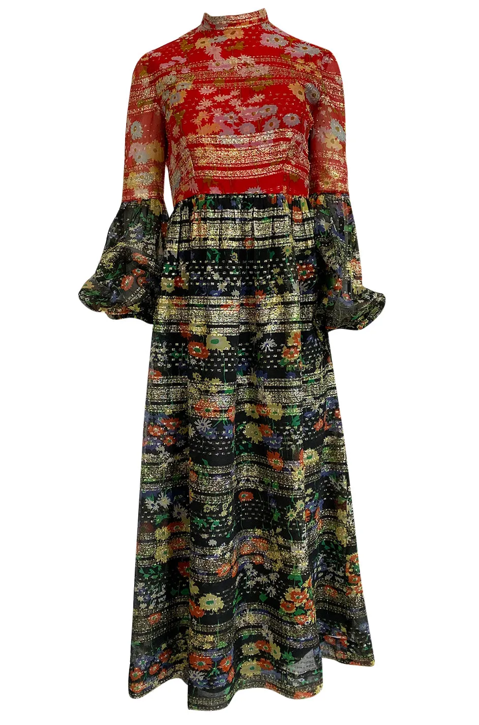 1960s Mollie Parnis Metallic Gold, Red & Black Floral Print Silk Dress
