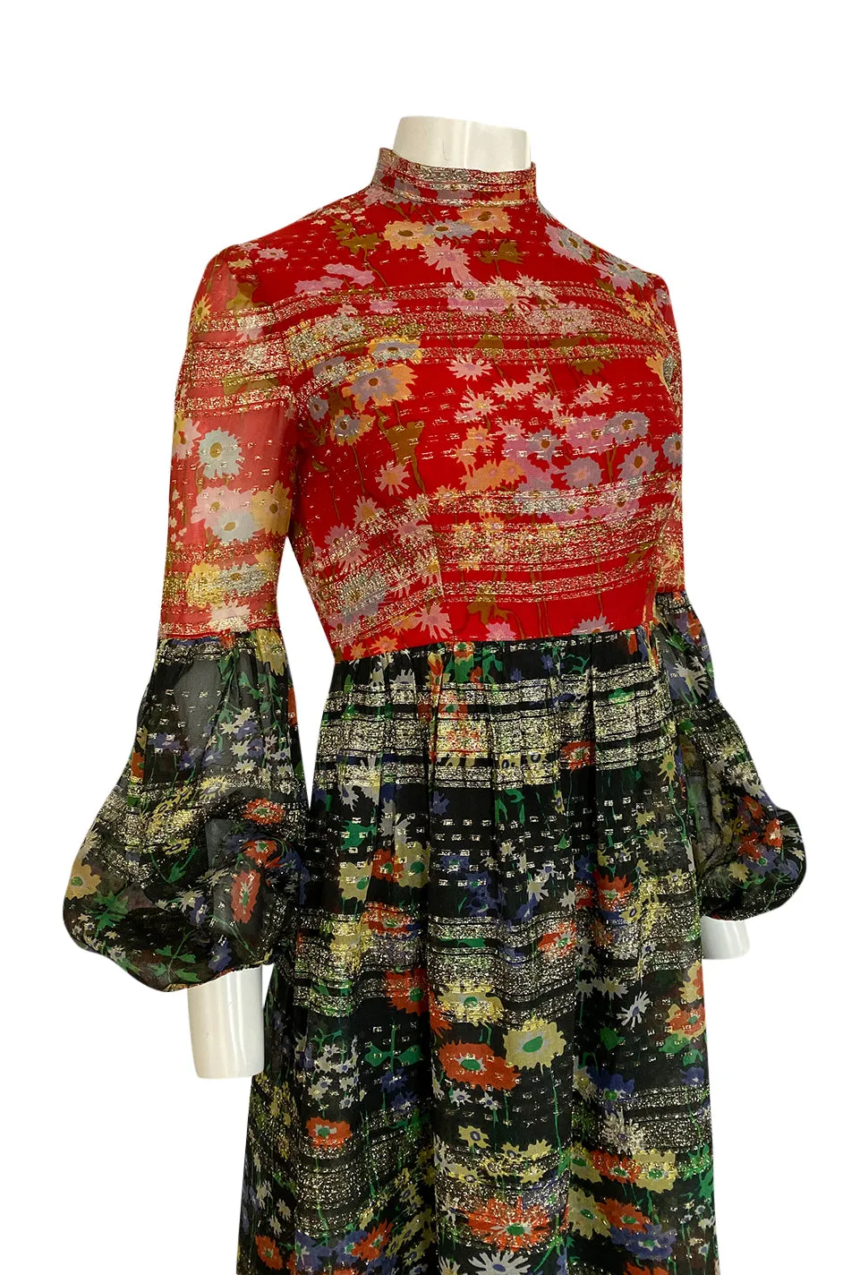 1960s Mollie Parnis Metallic Gold, Red & Black Floral Print Silk Dress