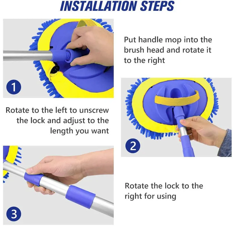 2-in-1 Telescopic Chenille Car Wash Mop w. Removable Wash Mitt (1.75-3.75 ft. Extension)
