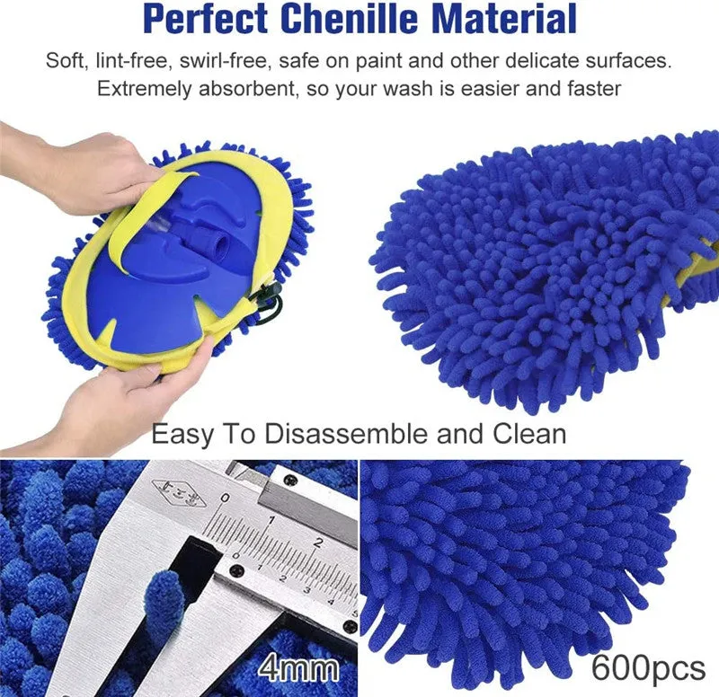 2-in-1 Telescopic Chenille Car Wash Mop w. Removable Wash Mitt (1.75-3.75 ft. Extension)