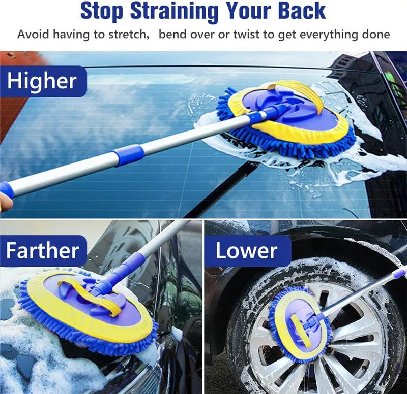 2-in-1 Telescopic Chenille Car Wash Mop w. Removable Wash Mitt (1.75-3.75 ft. Extension)