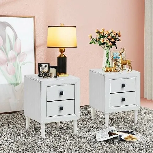 2Pcs Multipurpose Retro Nightstand with 2 Drawers-White - Color: White