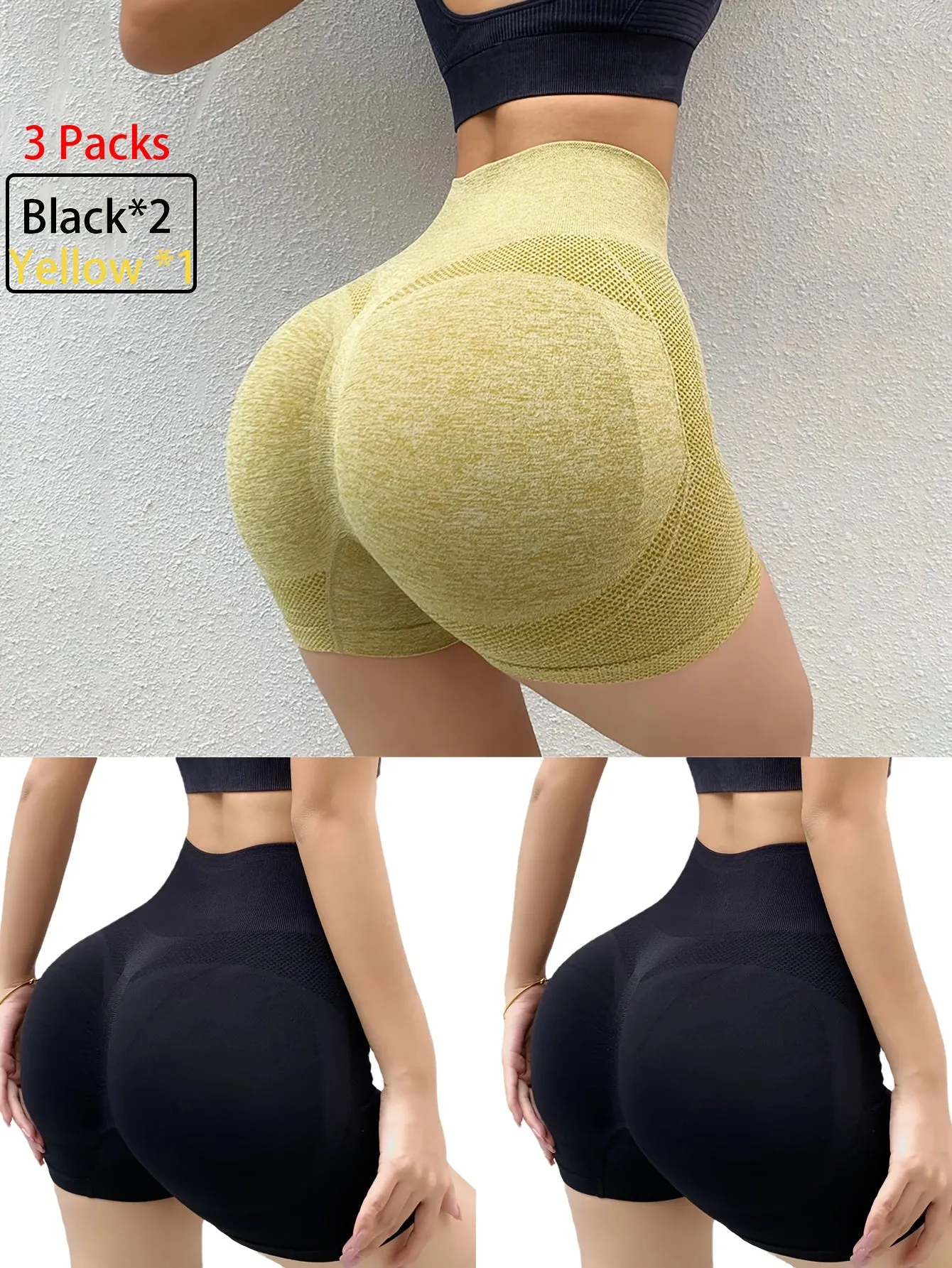 3 Pcs Women's High Waist Tummy Control Yoga Shorts - Butt Lifting, Seamless, Ruched Booty for Workout