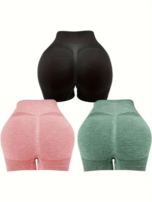 3 Pcs Women's High Waist Tummy Control Yoga Shorts - Butt Lifting, Seamless, Ruched Booty for Workout