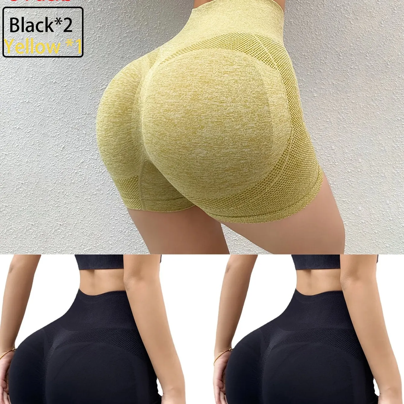 3 Pcs Women's High Waist Tummy Control Yoga Shorts - Butt Lifting, Seamless, Ruched Booty for Workout