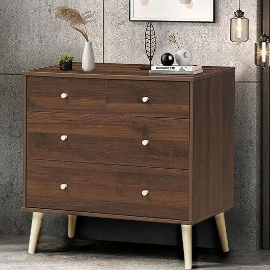 4-Drawer Dresser Cabinet Storage Organizer Rubber Leg with Rail-Brown - Color: B