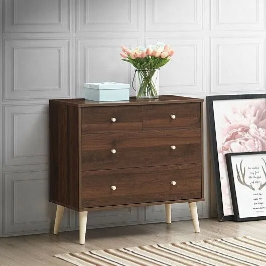 4-Drawer Dresser Cabinet Storage Organizer Rubber Leg with Rail-Brown - Color: B