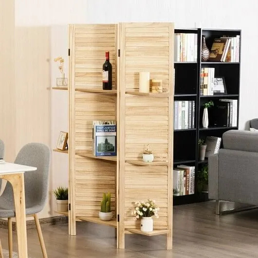 4 Panel Folding Room Divider Screen with 3 Display Shelves-Brown - Color: Brown