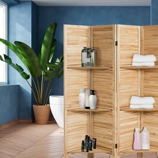 4 Panel Folding Room Divider Screen with 3 Display Shelves-Brown - Color: Brown