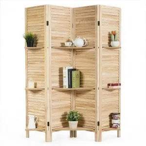 4 Panel Folding Room Divider Screen with 3 Display Shelves-Brown - Color: Brown