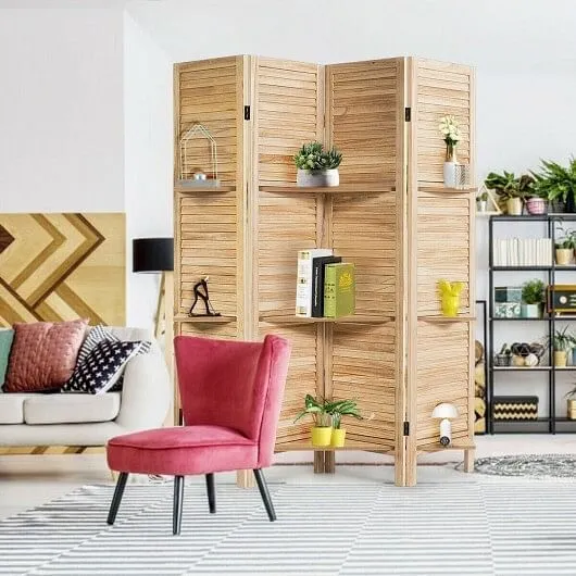 4 Panel Folding Room Divider Screen with 3 Display Shelves-Brown - Color: Brown
