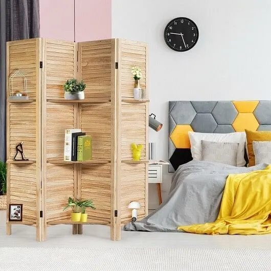 4 Panel Folding Room Divider Screen with 3 Display Shelves-Brown - Color: Brown