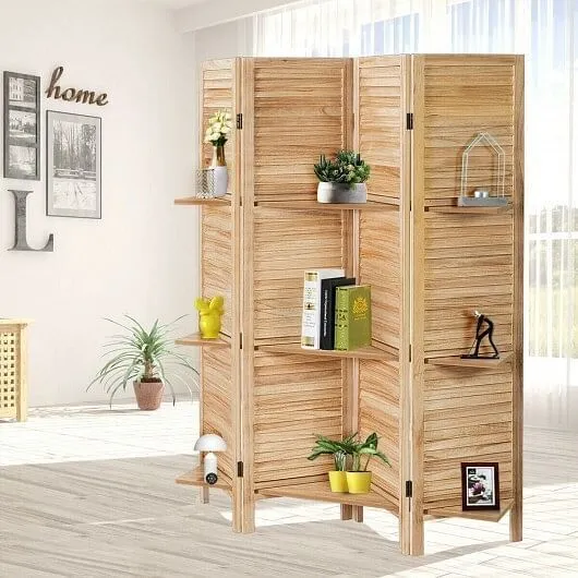 4 Panel Folding Room Divider Screen with 3 Display Shelves-Brown - Color: Brown