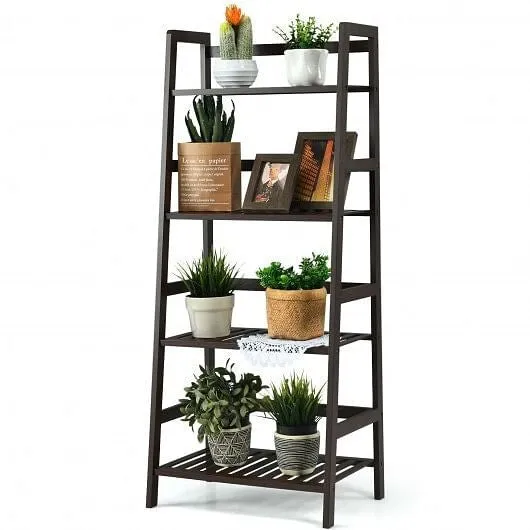 4-Tier Bamboo Plant Rack with Guardrails Stable and Space-Saving-Brown - Color: