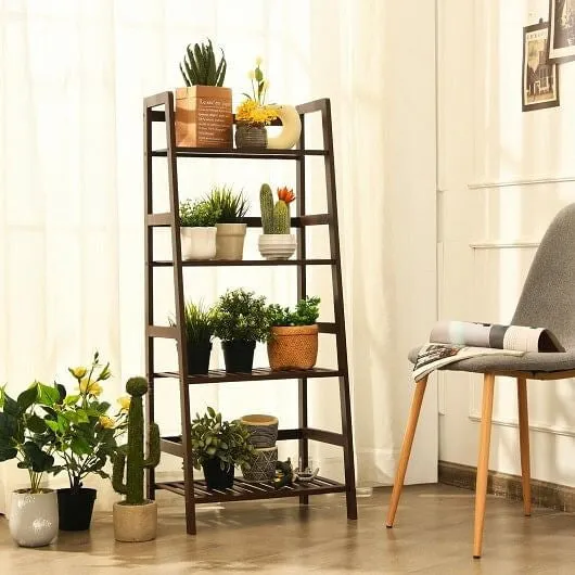 4-Tier Bamboo Plant Rack with Guardrails Stable and Space-Saving-Brown - Color: