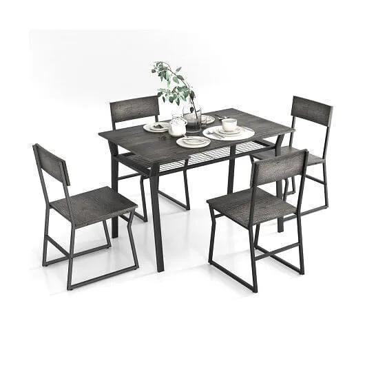 5 Piece Dining Table Set with Storage Rack and Metal Frame-Gray - Color: Gray