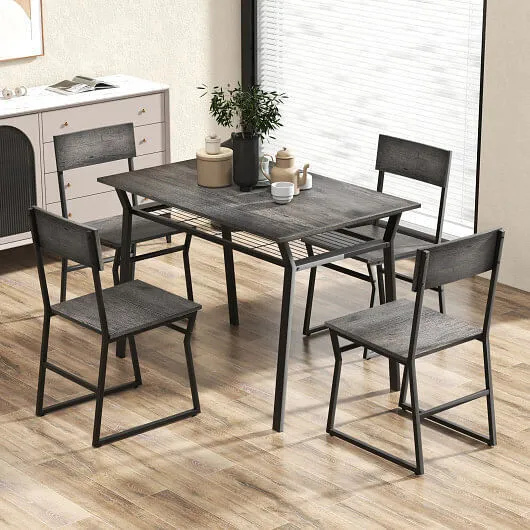 5 Piece Dining Table Set with Storage Rack and Metal Frame-Gray - Color: Gray