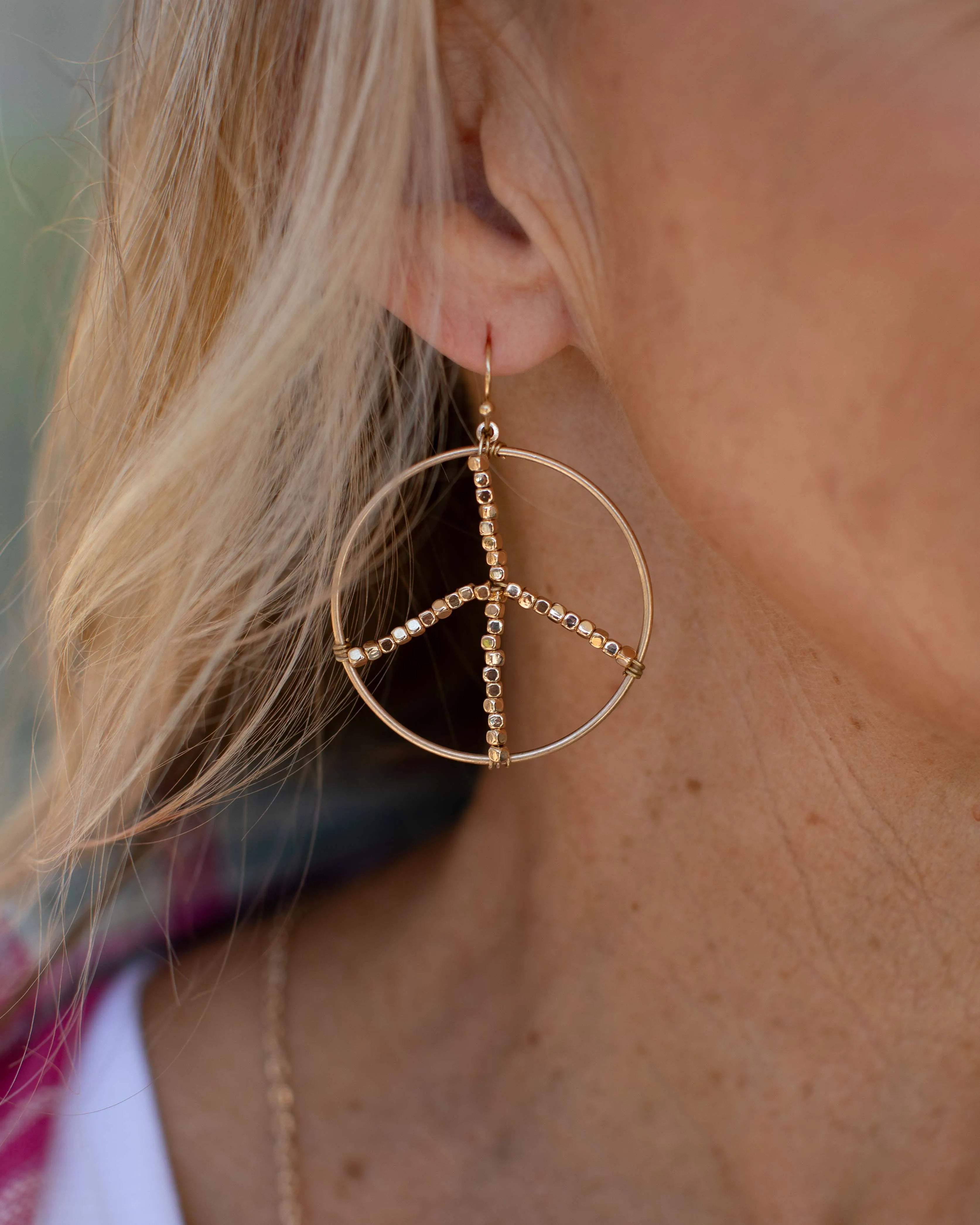 BEADED PEACE SIGN DANGLE EARRINGS