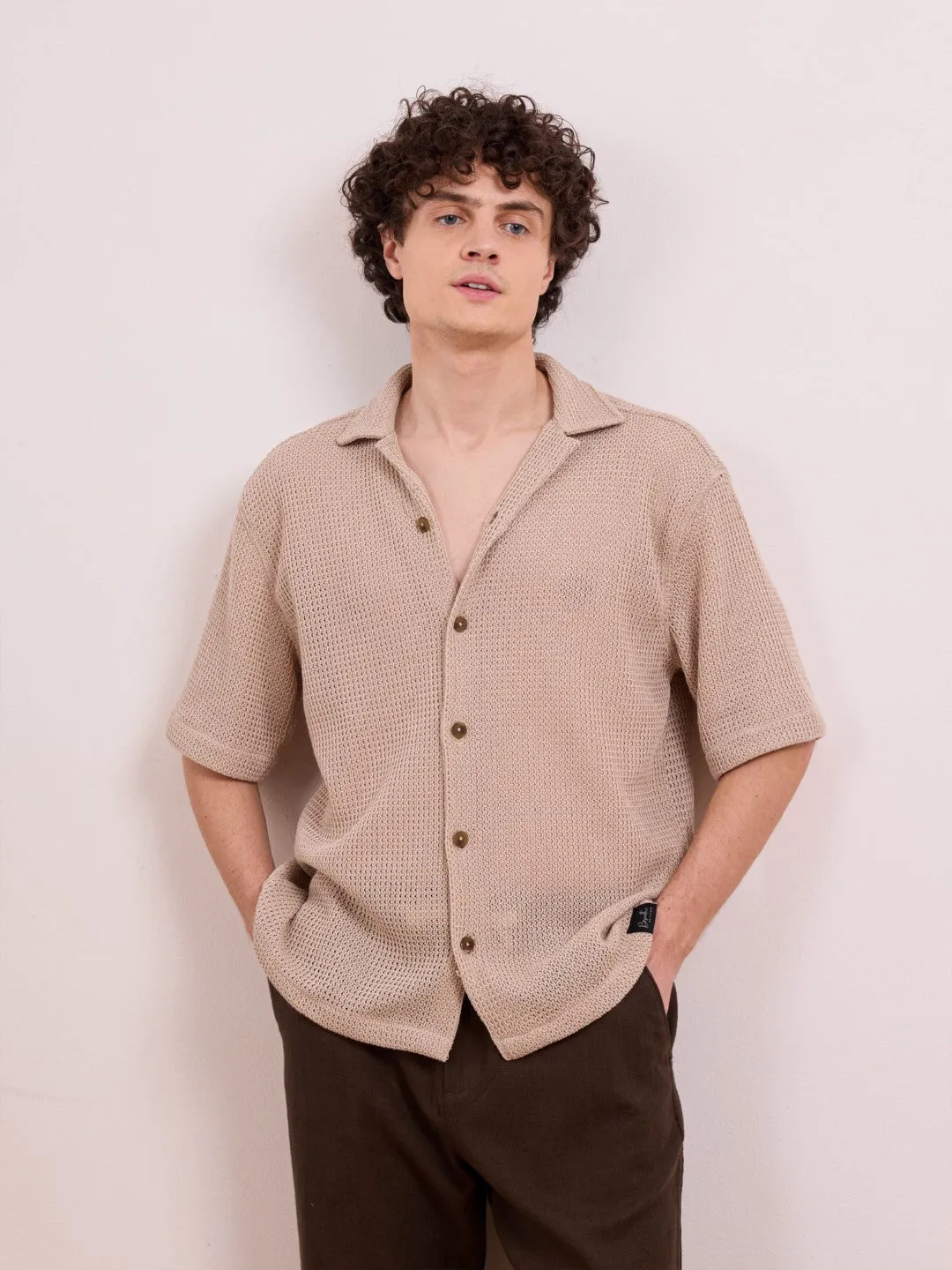 Beige Camp Collar Plain Shirt