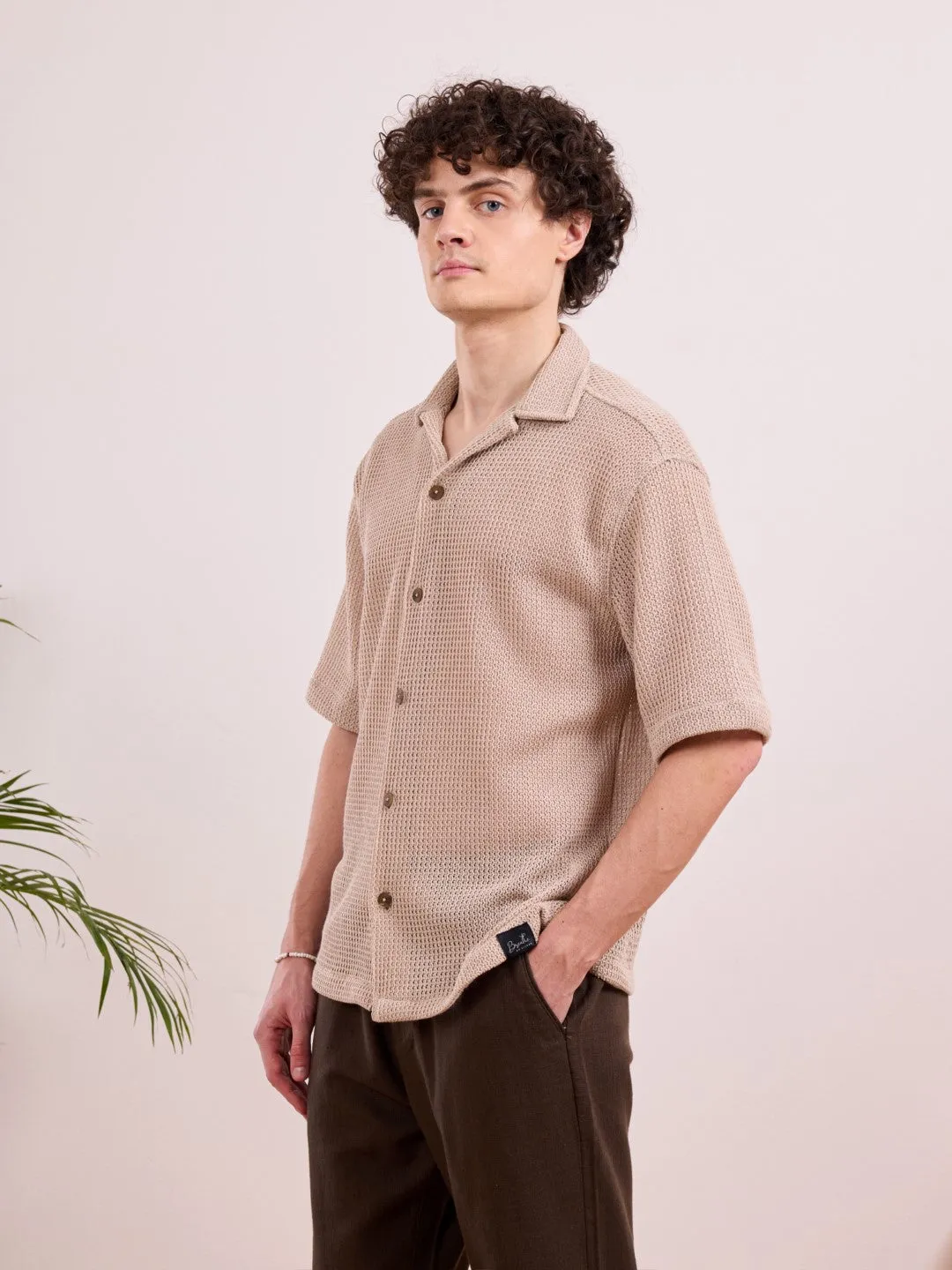 Beige Camp Collar Plain Shirt