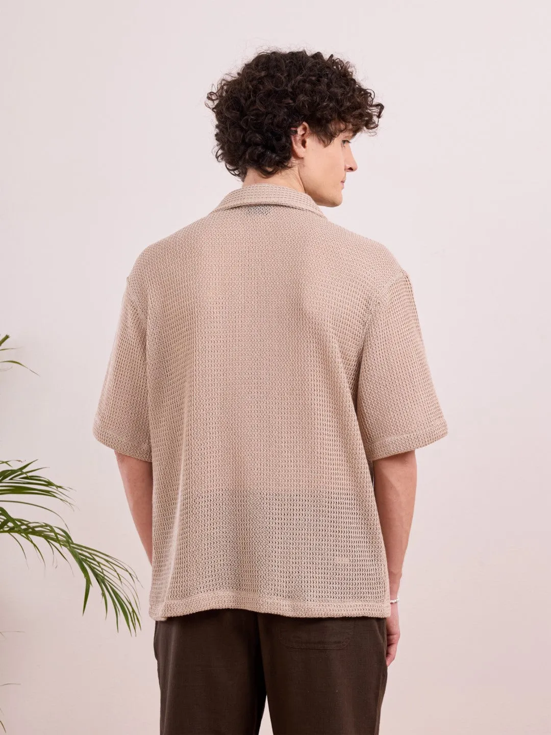 Beige Camp Collar Plain Shirt