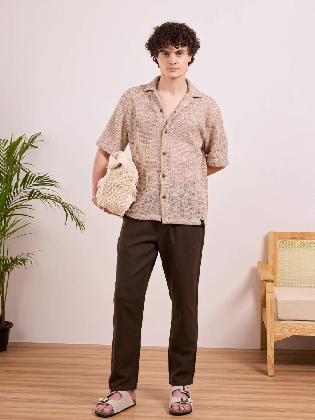 Beige Camp Collar Plain Shirt