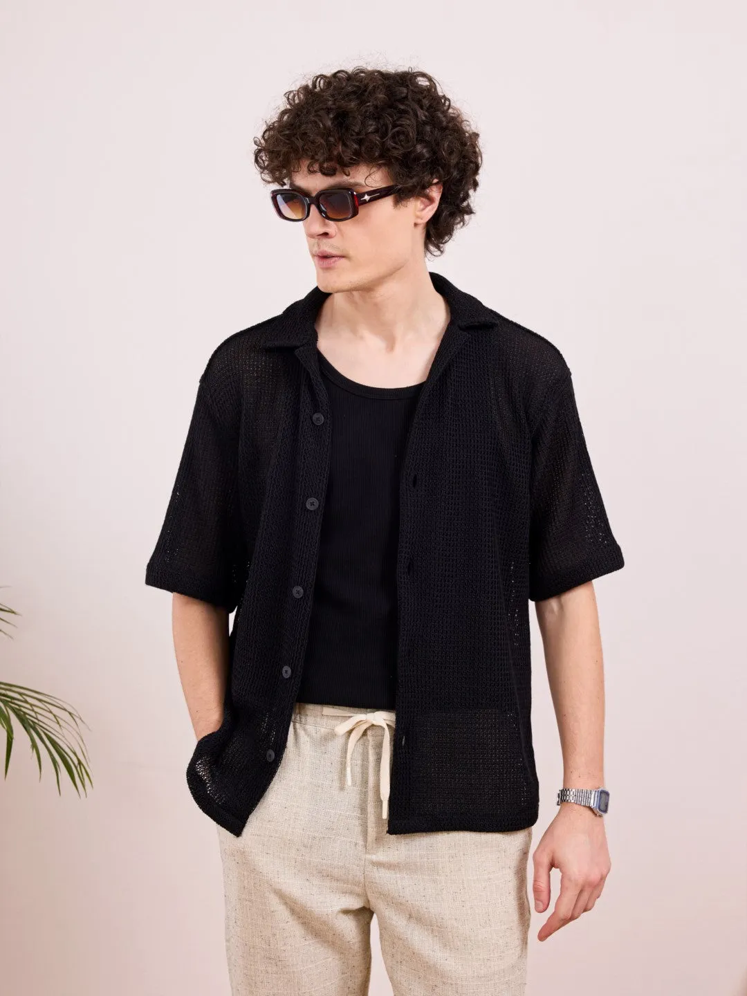 Black Camp Collar Plain Shirt