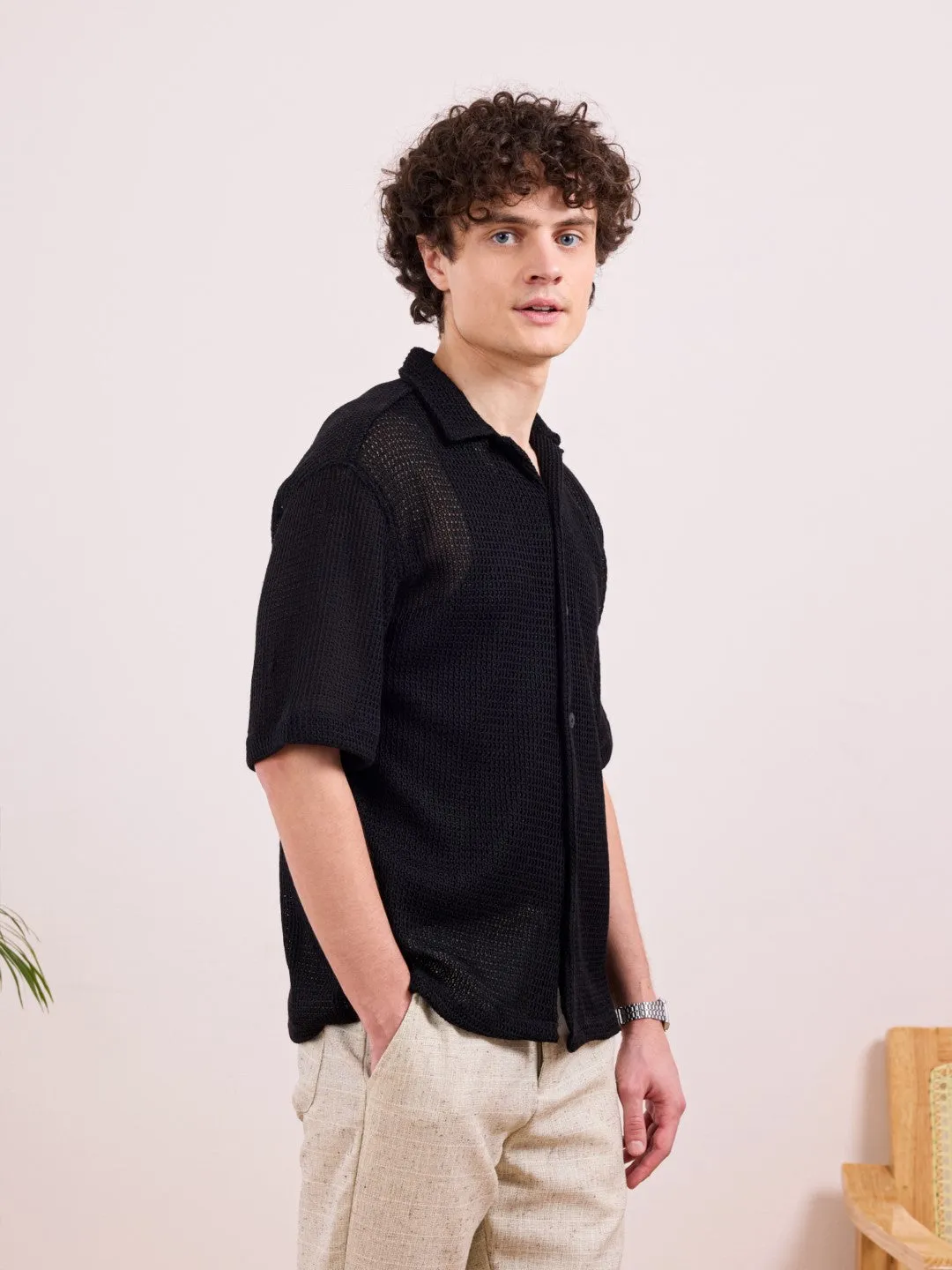 Black Camp Collar Plain Shirt