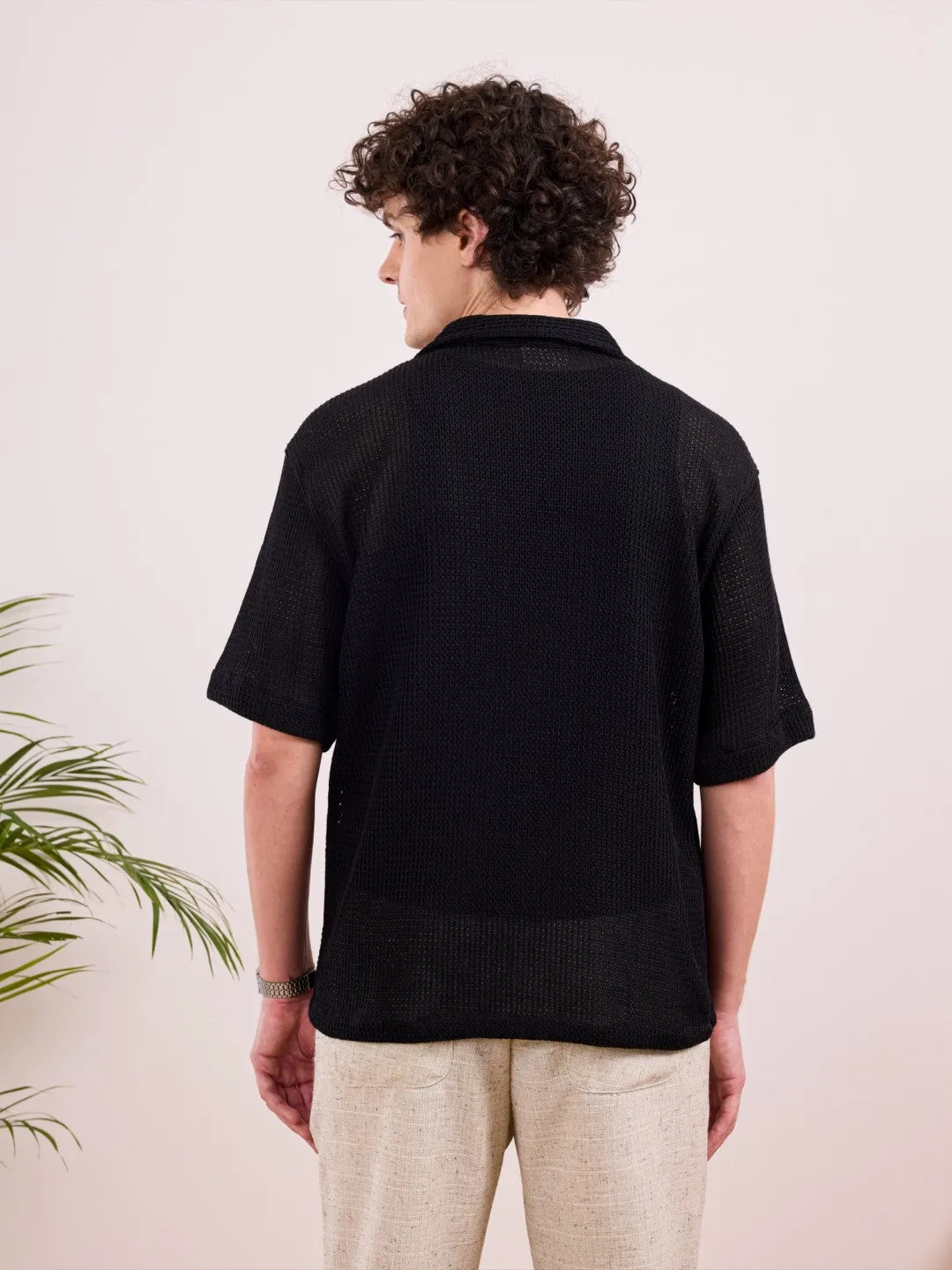 Black Camp Collar Plain Shirt