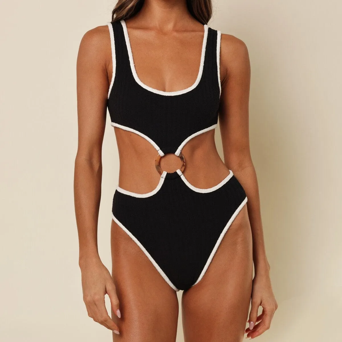 Black (Cream Binded) Terry Rib Ky One-Piece