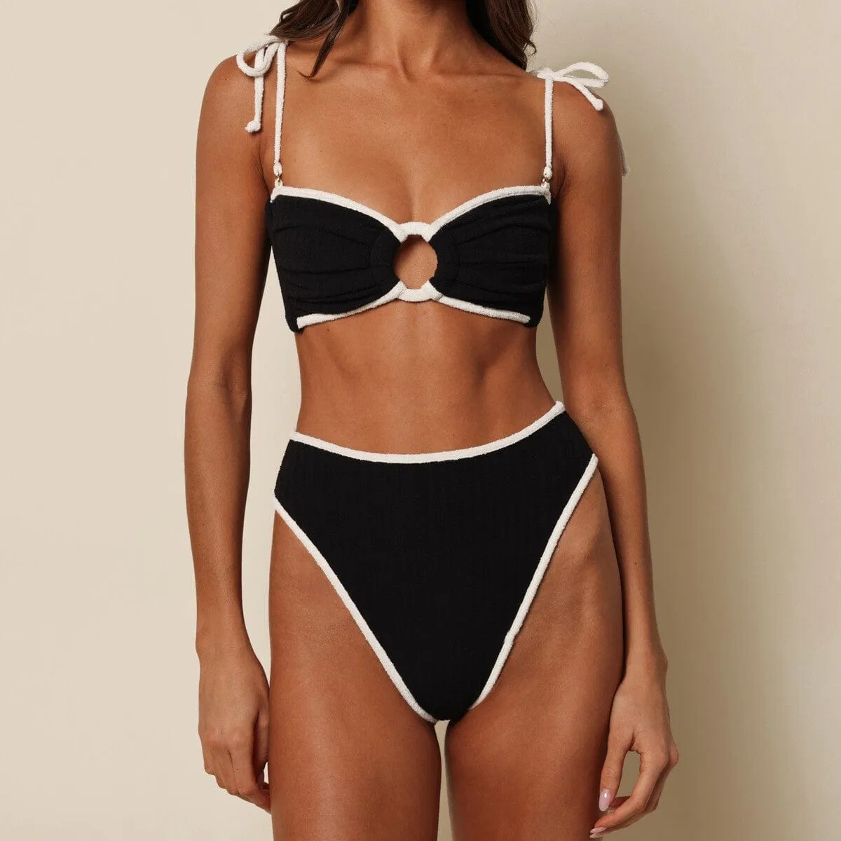 Black (Cream Binded) Terry Rib Paula Bikini Bottom