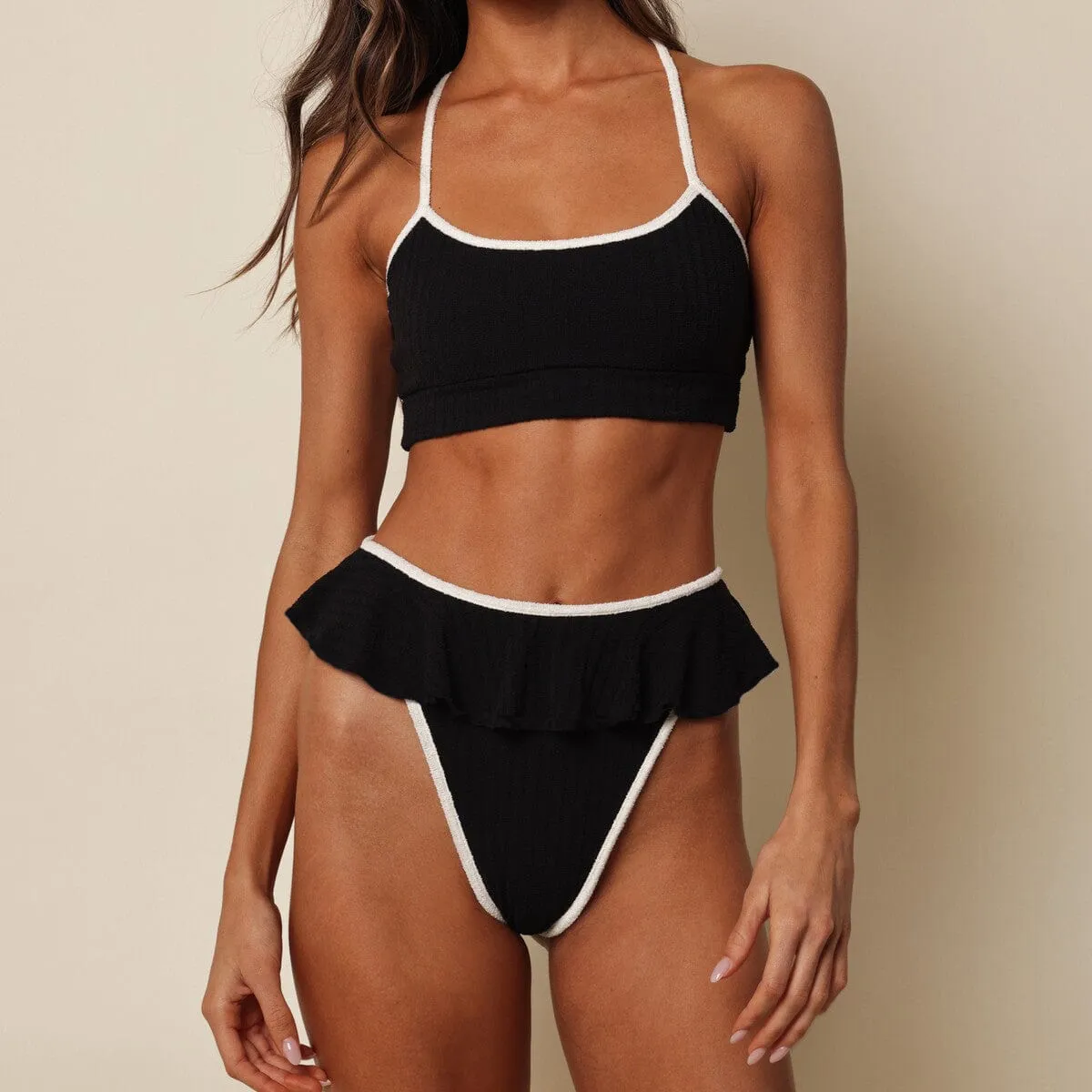 Black (Cream Binded) Terry Rib Tamarindo Ruffle Bikini Bottom