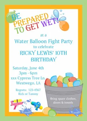 BUCKET OF WATER BALLOONS CUSTOM INVITATION
