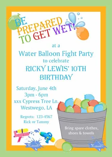 BUCKET OF WATER BALLOONS CUSTOM INVITATION