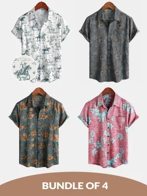 Bundle Of 4 | Men's Retro Button Up Blue Summer Holiday Short Sleeve Shirts