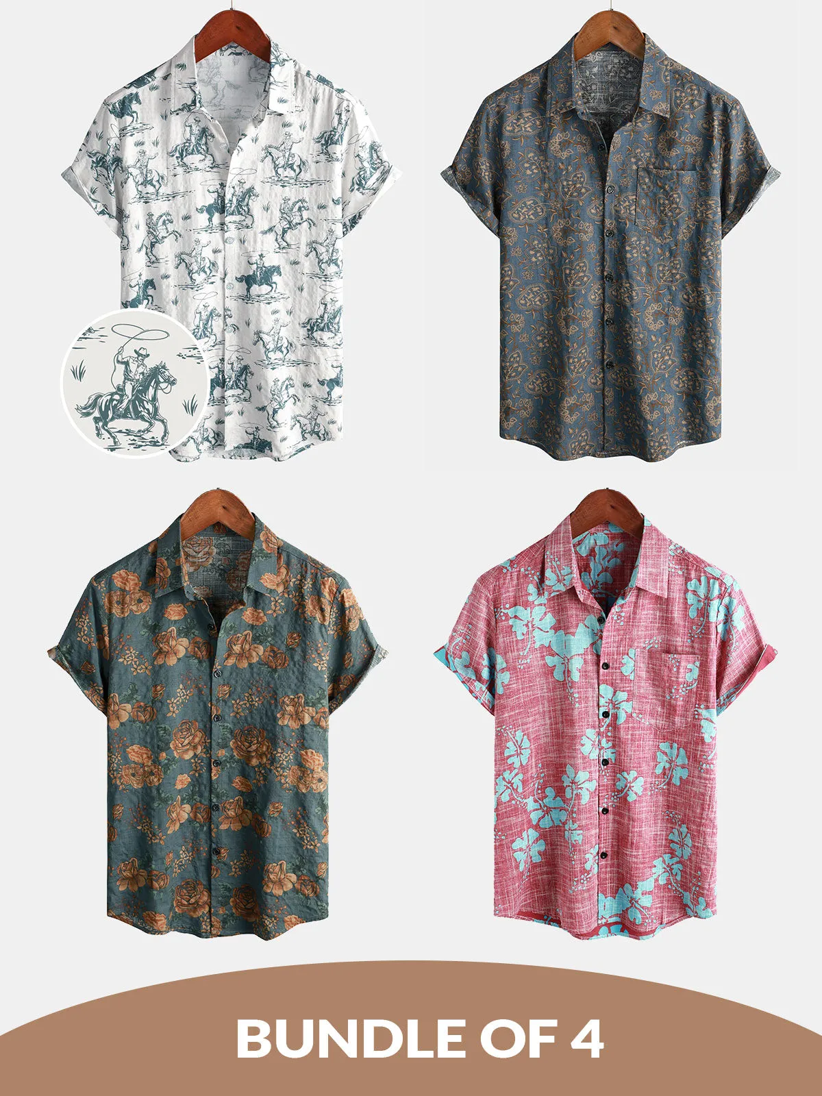 Bundle Of 4 | Men's Retro Button Up Blue Summer Holiday Short Sleeve Shirts