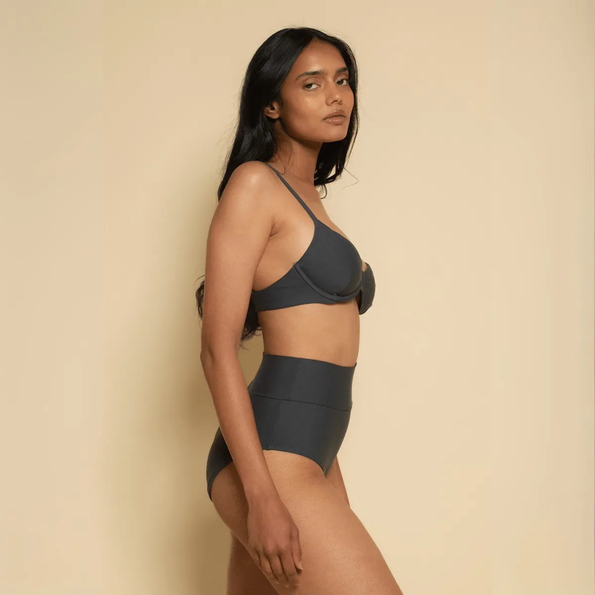 Charcoal Added Coverage High Rise Bikini Bottom