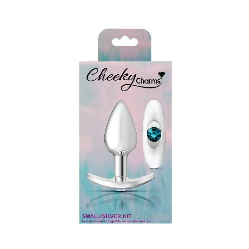 Cheeky Charms Silver Anchor Butt Plug w Clear and Teal Jewel Kit
