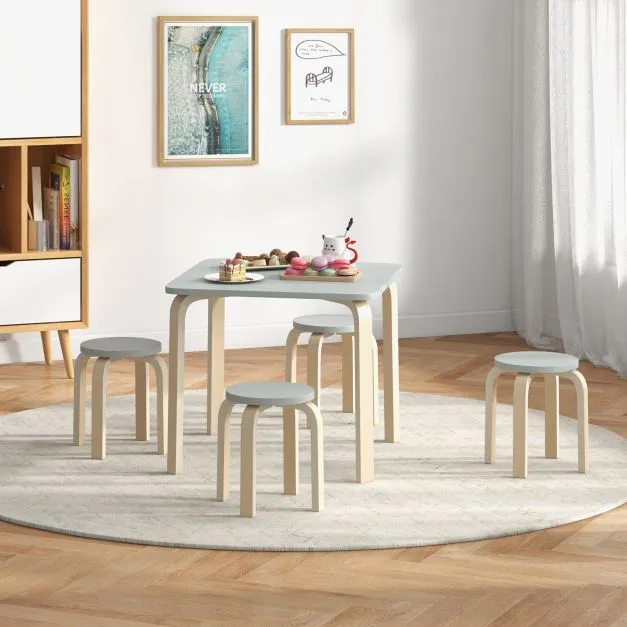 Children's Eco Birch and Poplar Wooden Table & 4 Stackable Stools Set | Space Saving | Grey | 36m 