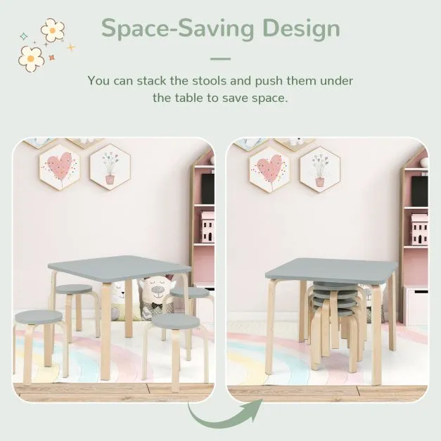 Children's Eco Birch and Poplar Wooden Table & 4 Stackable Stools Set | Space Saving | Grey | 36m 