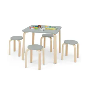 Children's Eco Birch and Poplar Wooden Table & 4 Stackable Stools Set | Space Saving | Grey | 36m 