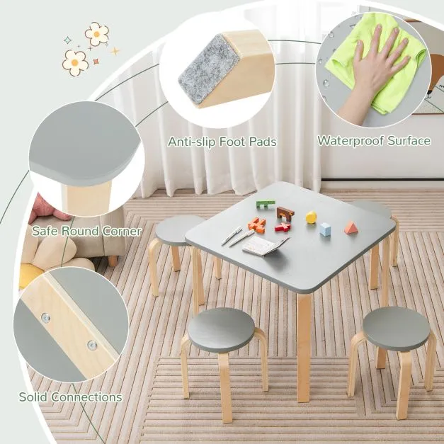 Children's Eco Birch and Poplar Wooden Table & 4 Stackable Stools Set | Space Saving | Grey | 36m 