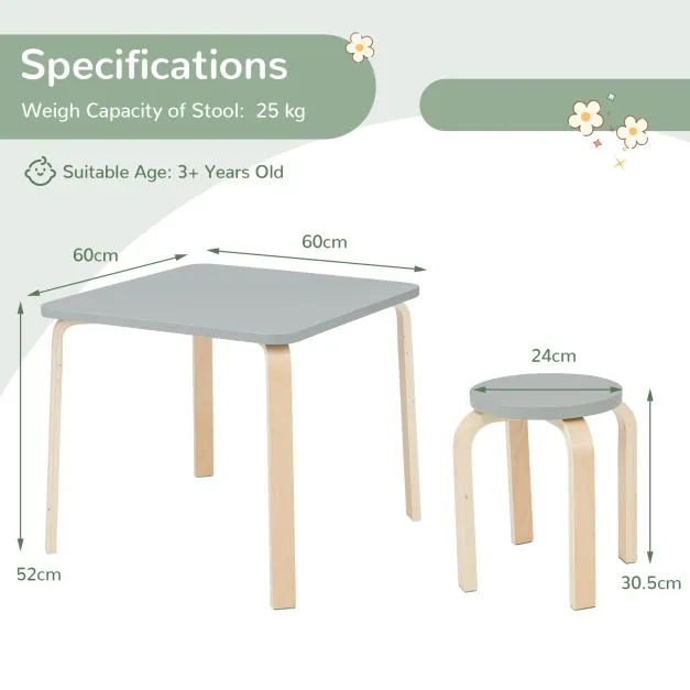 Children's Eco Birch and Poplar Wooden Table & 4 Stackable Stools Set | Space Saving | Grey | 36m 