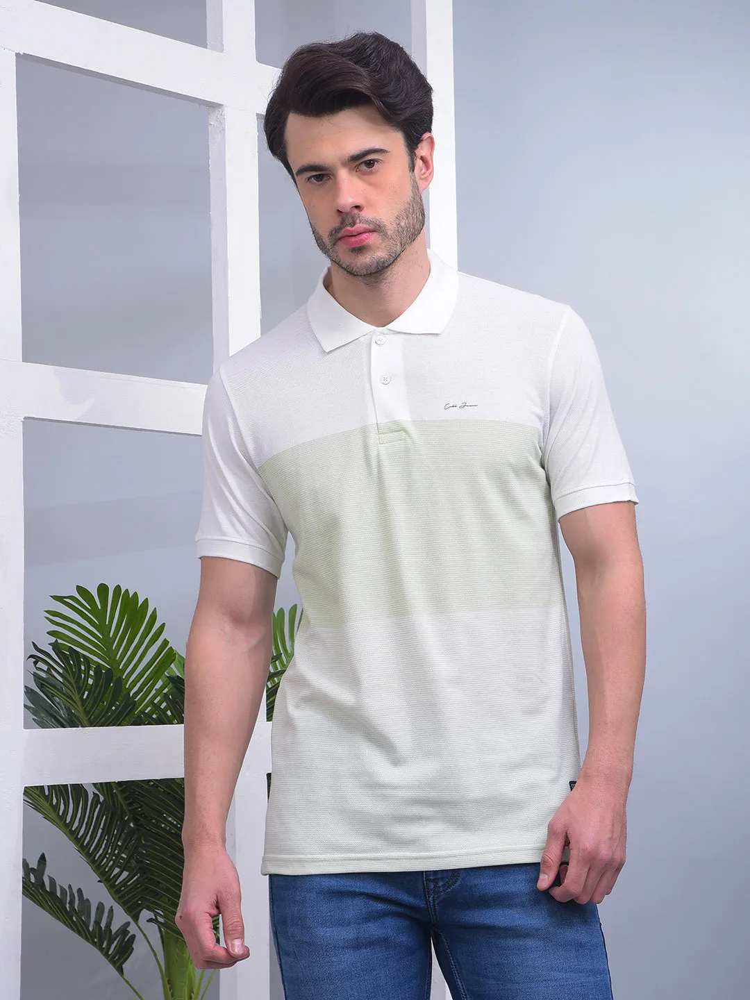 COBB LIGHT GREEN COLOR-BLOCK POLO NECK T-SHIRT