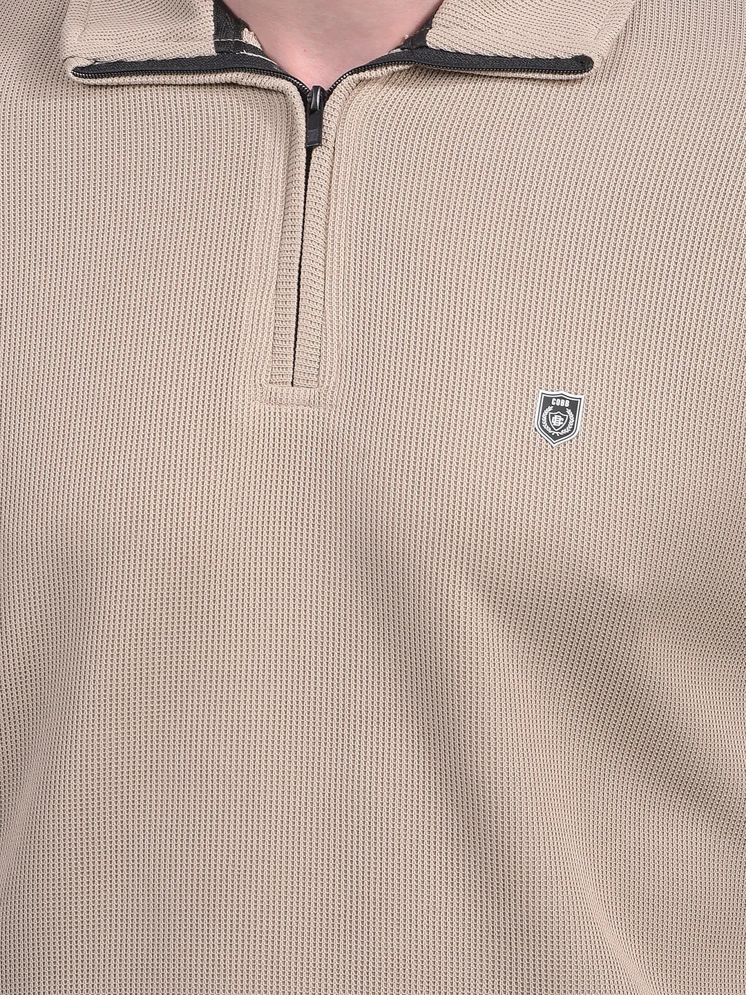 COBB SOLID SAND BROWN POLO NECK ZIPPER T-SHIRT