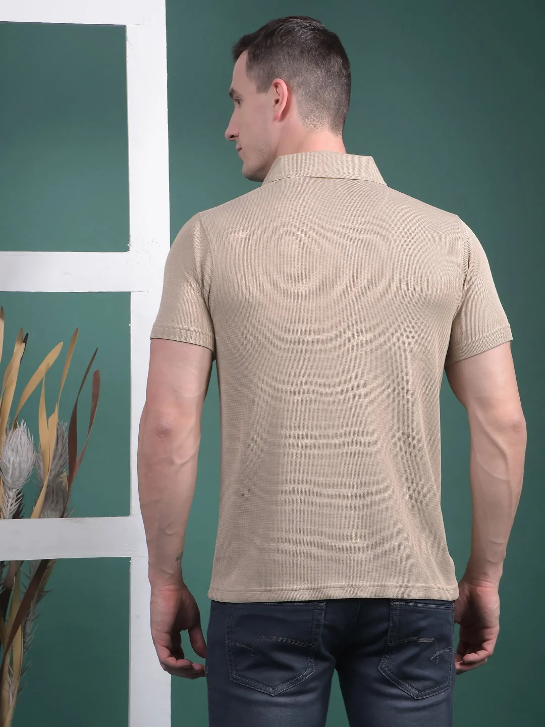 COBB SOLID SAND BROWN POLO NECK ZIPPER T-SHIRT
