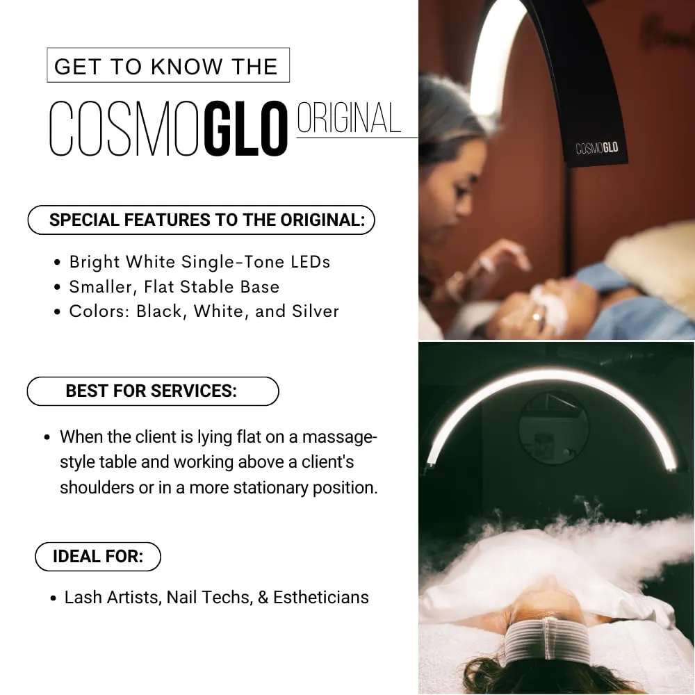 CosmoGlo Original Light   Phone Clip (Black) for Eyelash Extensions, Skincare, Nails, Lashes, Eyebrows, Filming, Content Creation, LED Floor Light, 360 Rotation Curved Halo, Half Moon Lamp