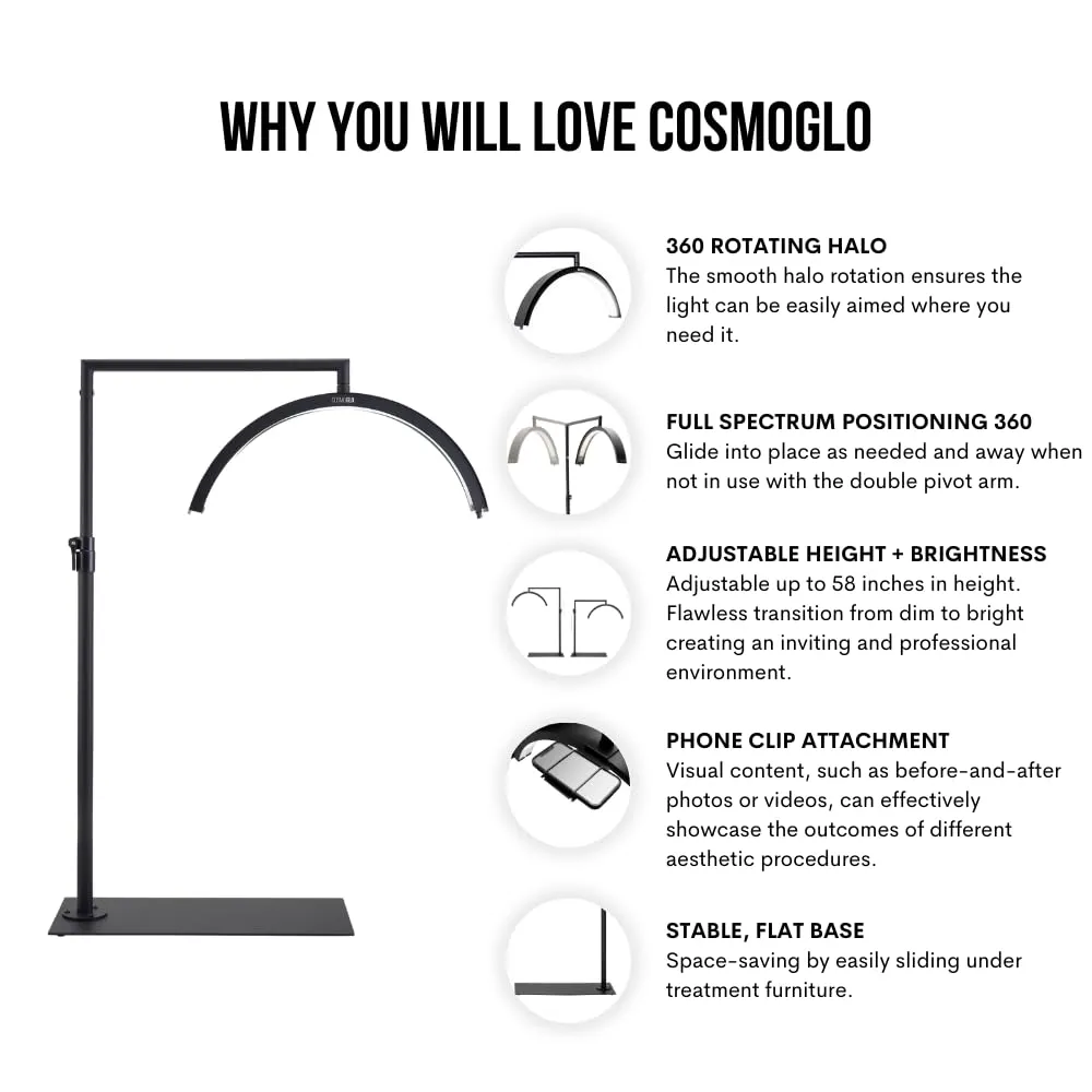 CosmoGlo Original Light   Phone Clip (Black) for Eyelash Extensions, Skincare, Nails, Lashes, Eyebrows, Filming, Content Creation, LED Floor Light, 360 Rotation Curved Halo, Half Moon Lamp